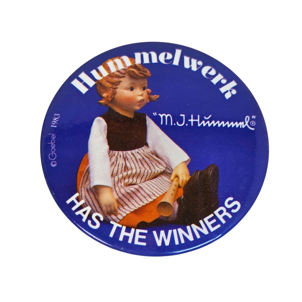 vintage Goebel‎ Hummelwerk Has The Winners girl Button Pin 1983 M.J. Hummel Art